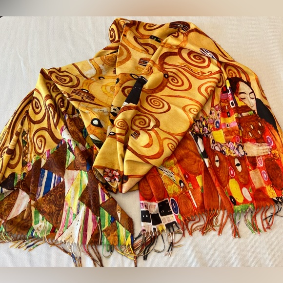 NIB Cashmere-feel Large Fringed Scarf (26 x 76) Gustav Klimt Tree of Life Print - Picture 2 of 10